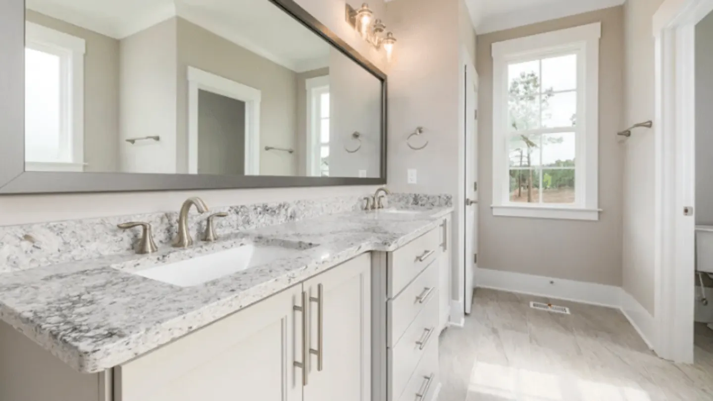Custom double-sink granite vanity top in a New Hampshire bathroom