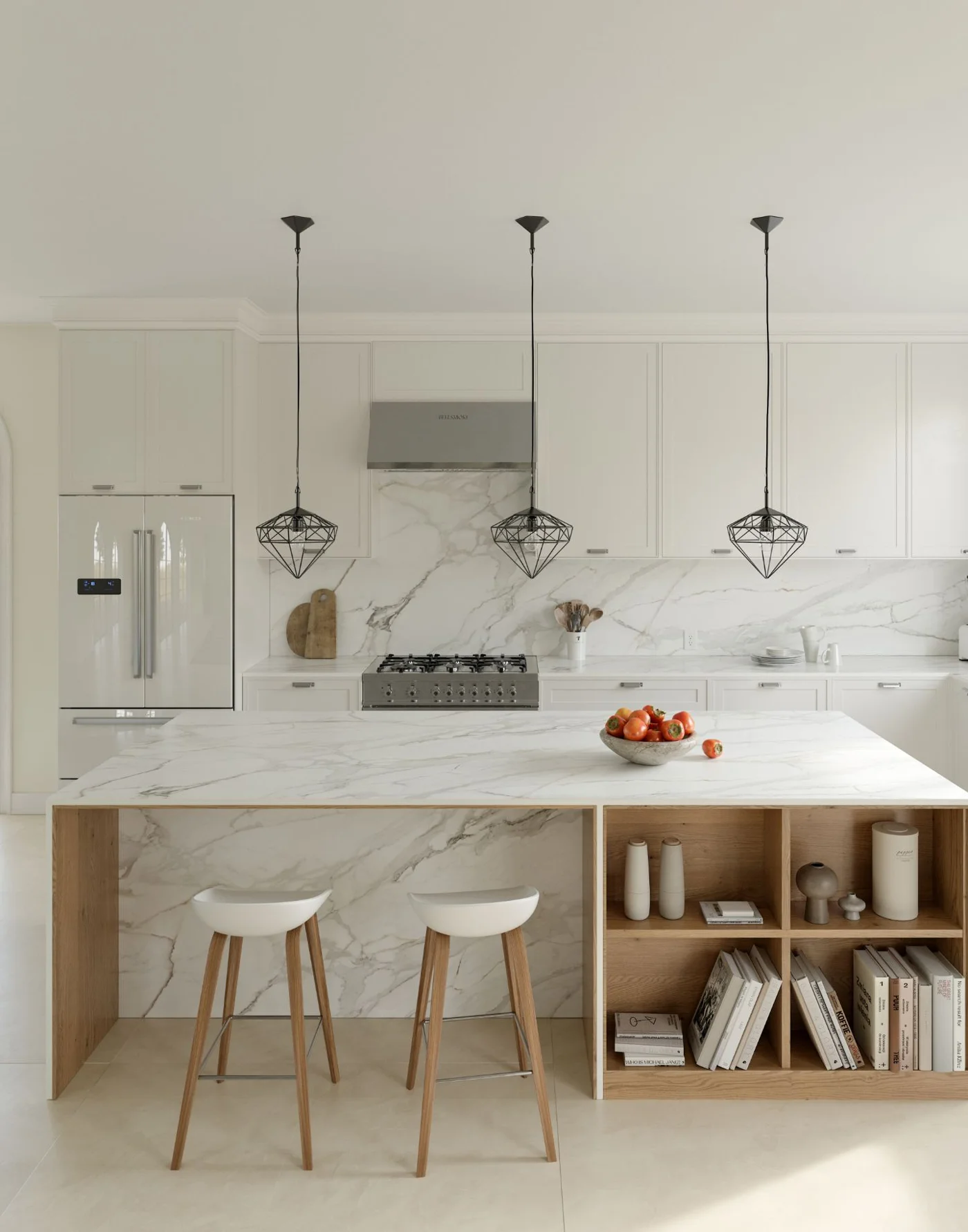 Dekton marble-look waterfall kitchen island