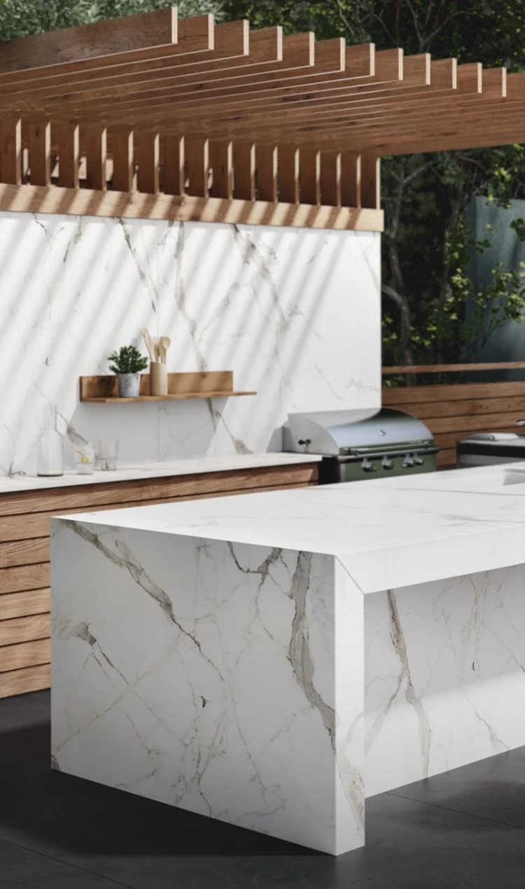 Dekton outdoor kitchen with waterfall island