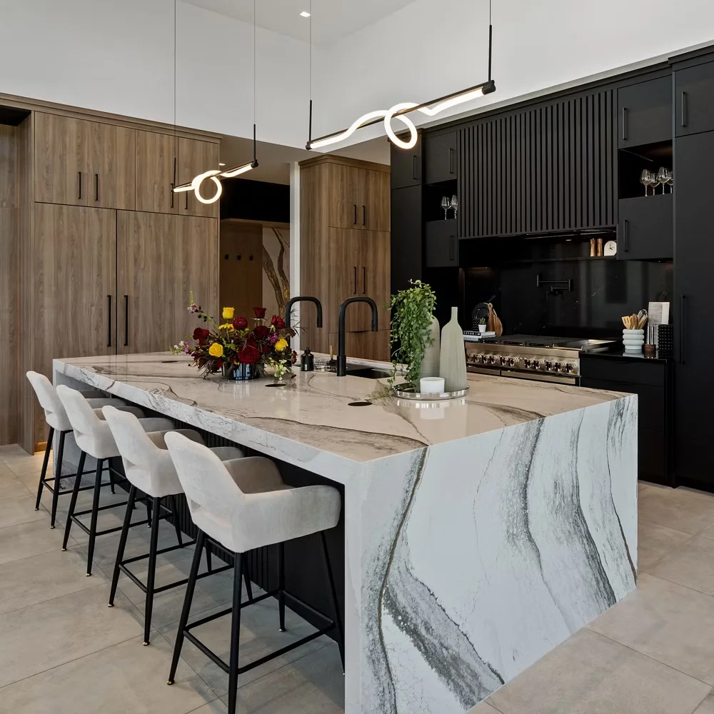 Custom waterfall-edge quartzite kitchen island