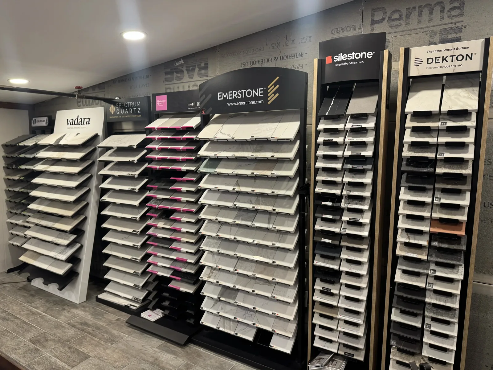 Stone showroom exterior with slabs on display