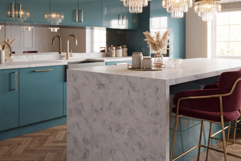 Ultra Stones Ariston leathered quartz waterfall island