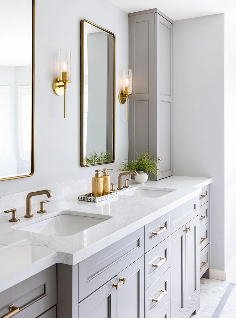 Vadara quartz double vanity in gray cabinetry
