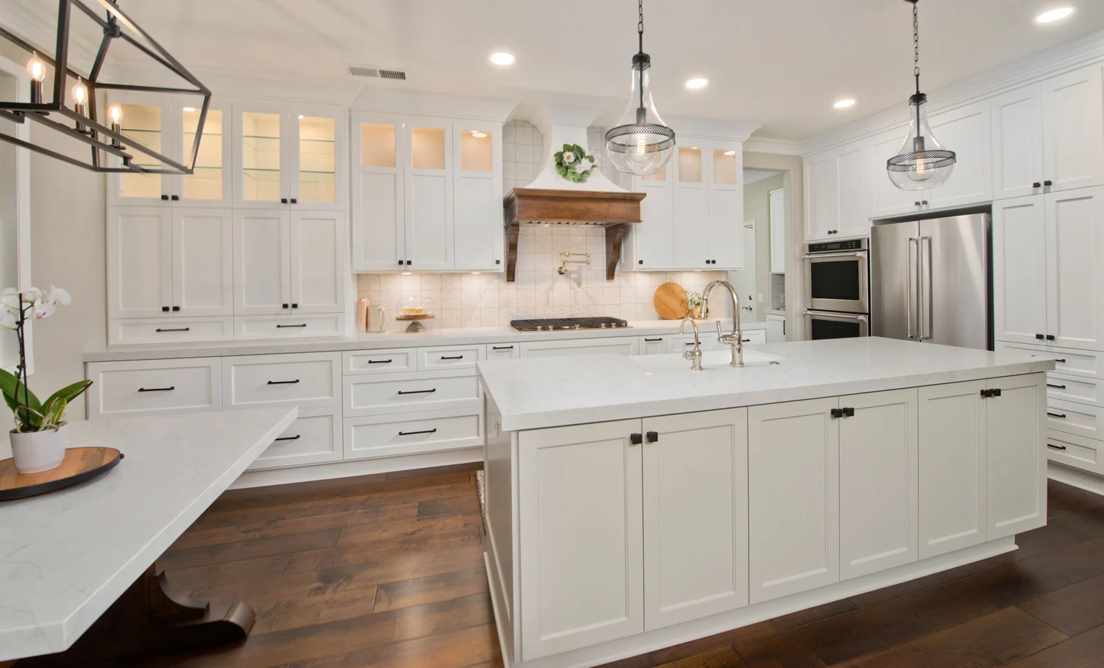 Vadara white quartz farmhouse kitchen island