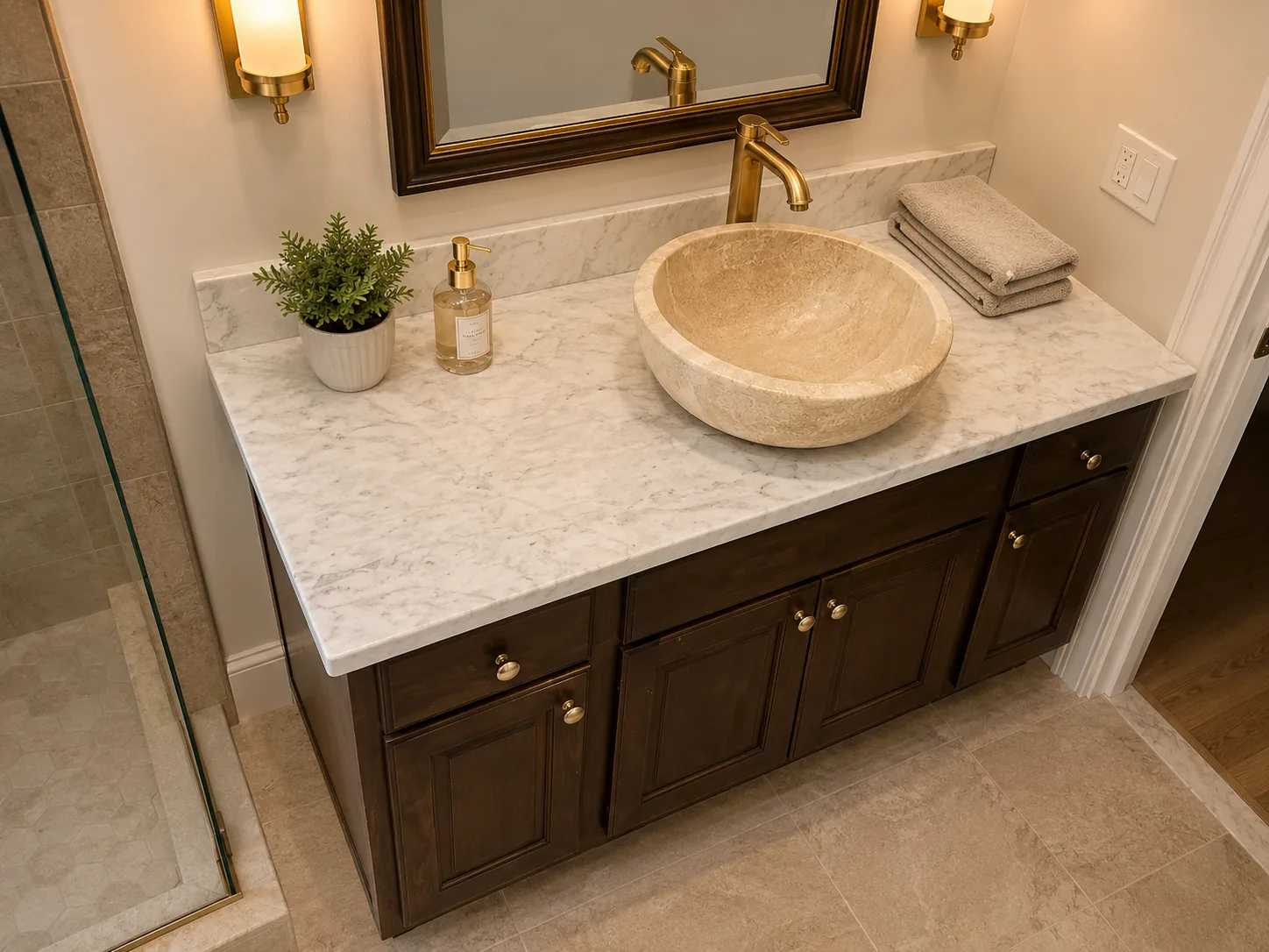 Vessel sink marble vanity countertop